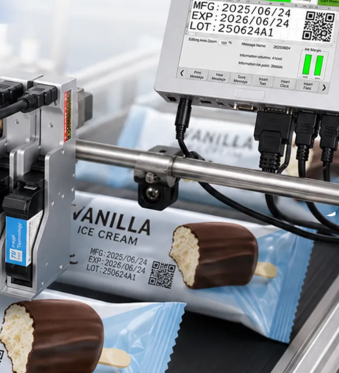 An inline thermal inkjet printhead station coding wrapped products on a production line, with the controller showing the message text and a QR code